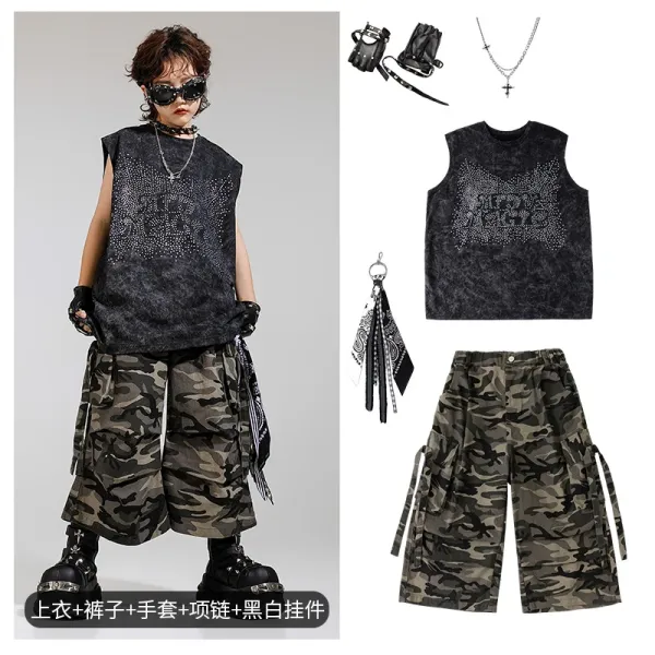 Design Streetwear Set: Acid Wash Rhinestone Vest Top + Camo Cargo Shorts + Chain Necklace + Fingerless Gloves + Bandana Keychain - 1