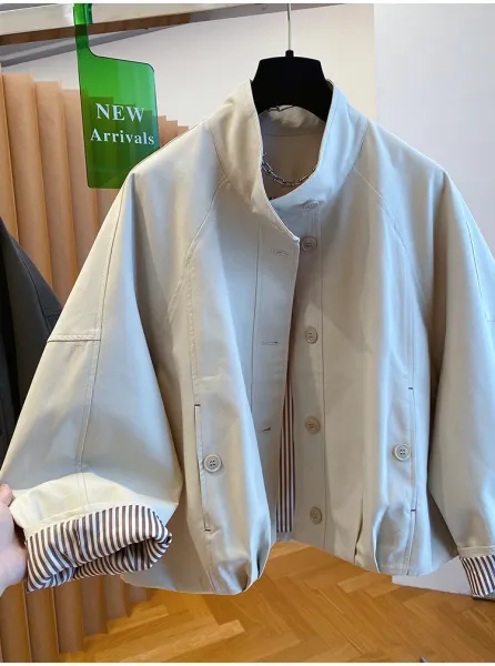 Design Oversized Cropped Jacket in Beige with Striped Cuff Detail Outerwear - 12