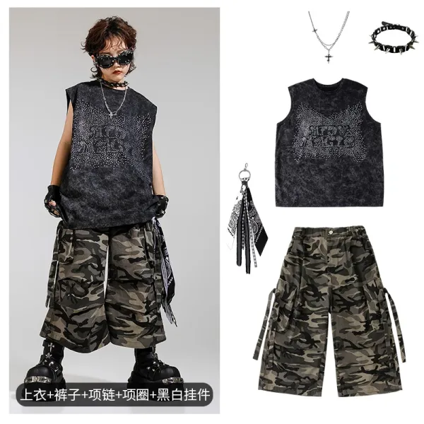 Design Streetwear Set: Acid Wash Rhinestone Vest Top + Camo Cargo Shorts + Spiked Choker + Bandana Keychain - 1