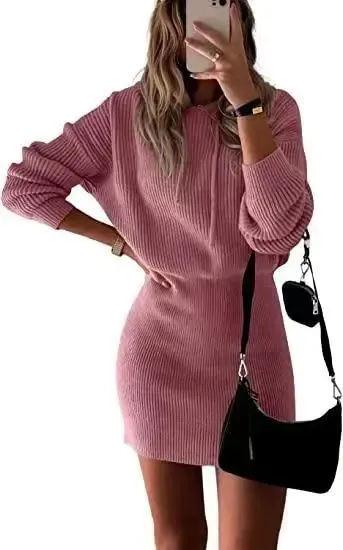 Ribbed Knit Mini Dress in Dusty Pink - 1