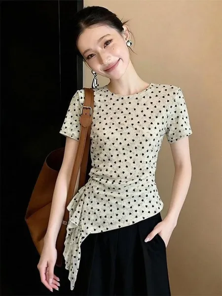 Polka Dot Ruched Asymmetrical Hem T-Shirt Beige with Black Dots - 3