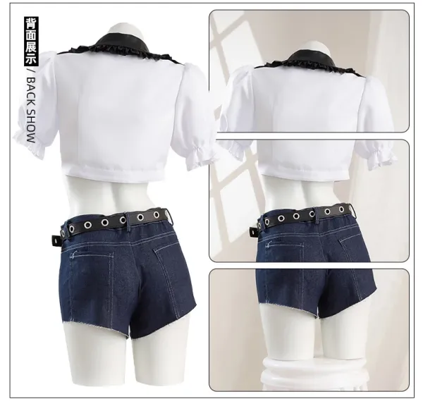 Cosplay Uniform Set White Black Denim Blue Hat Gloves Socks Belt Leg Bag - 13