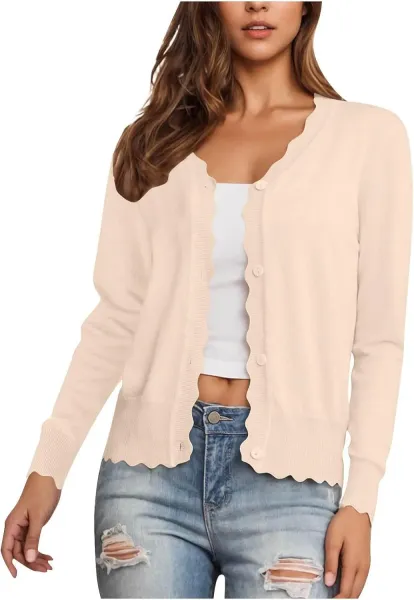 Scalloped Hem V-Neck Cardigan in Burgundy - 9
