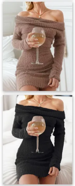 Off-Shoulder Knit Mini Dress in Mauve Brown - 12