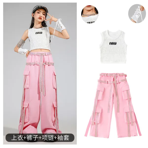 Miu Miu Sequined Crop Top and Cargo Pants Set Pink - 1