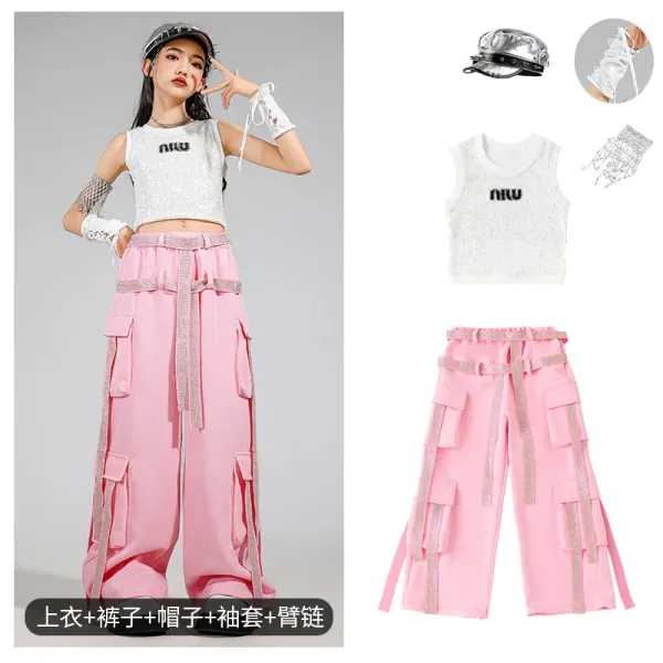 Miu Miu Sequined Crop Top + Cargo Pants Set in Pink and Silver - 1