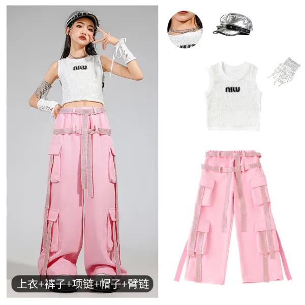Miu Miu Sequined Crop Top + Cargo Pants Set in Pink and Silver - 1