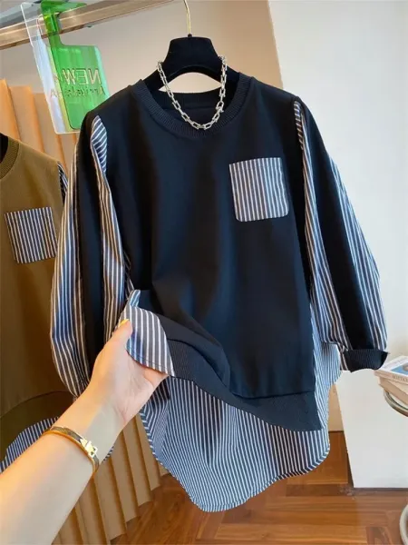 Oversized Layered Knit Top with Striped Sleeve and Pocket in Olive Brown - 17