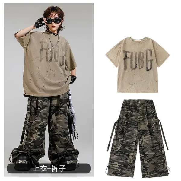 FUBG Distressed Graphic Tee and Camo Cargo Pants Set Beige Multicolor Clothing - 1