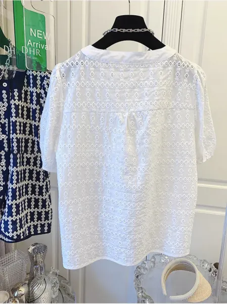 DHR Eyelet Lace Square-Neck Blouse White Top - 13