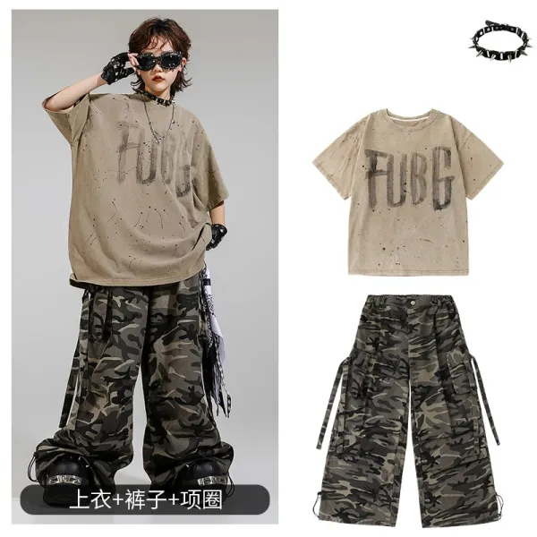 FUBG Graphic Print Oversized T-Shirt + Camo Cargo Pants + Spiked Choker Set - 1