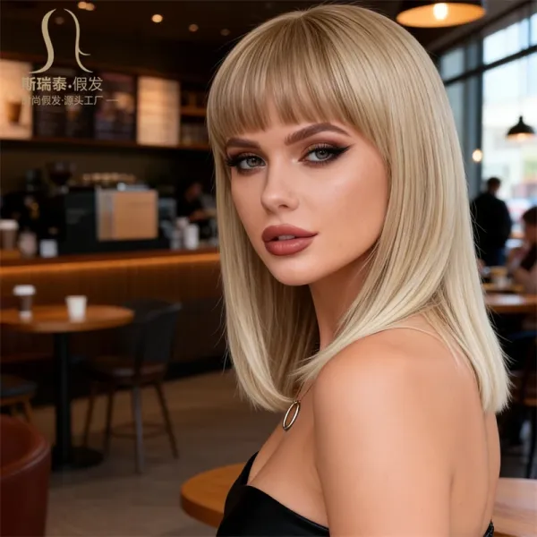 Siretai Synthetic Bob Wig with Bangs in Ash Blonde Hairpiece - 7
