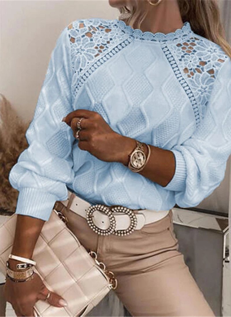 Lace-Trimmed Knit Sweater in Sky Blue