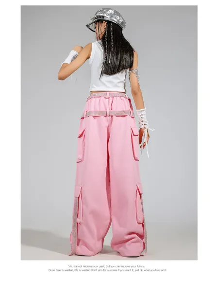 Miu Miu Sequined Crop Top + Cargo Pants Set in Pink and Silver - 14