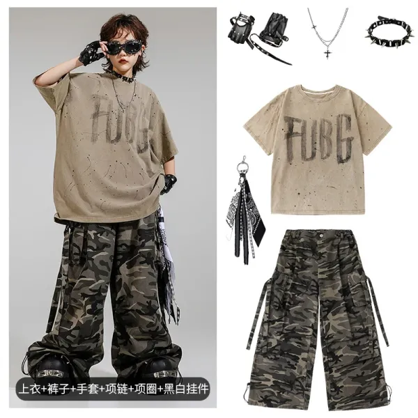 FUBG Oversized Graffiti Print Beige T-Shirt + Camo Cargo Pants Set with Spiked Accessories - 1