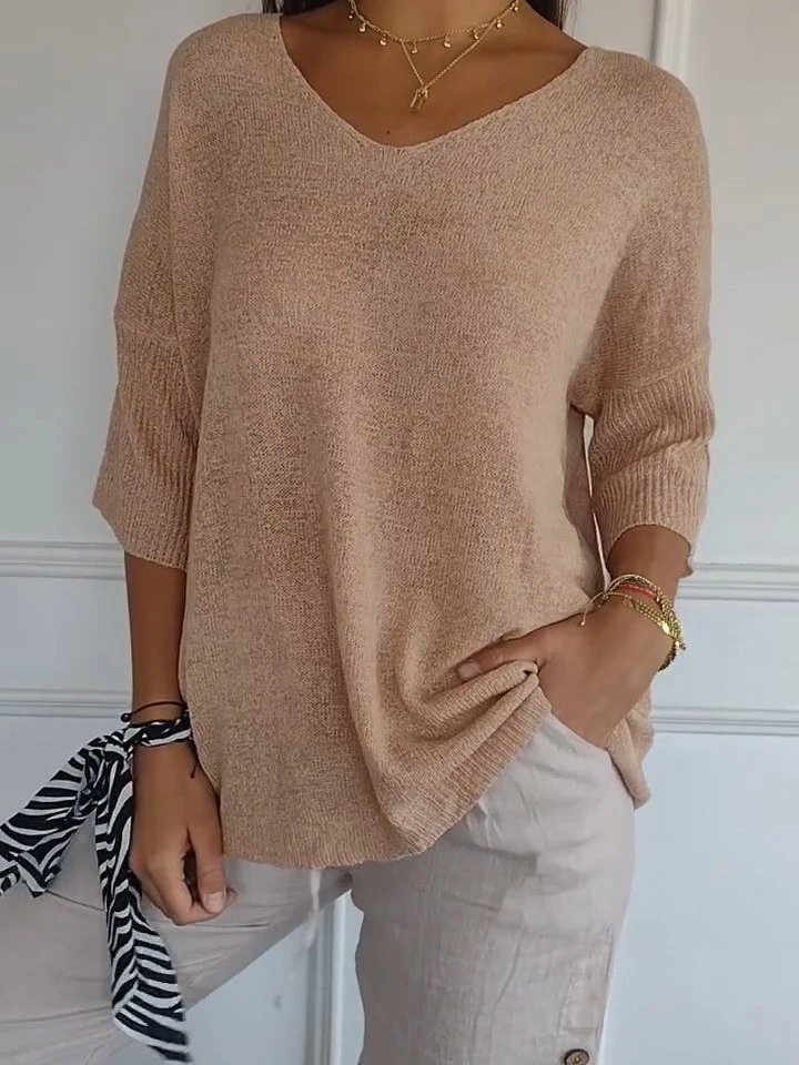 Design V-Neck Oversized Knit Sweater Beige - 1