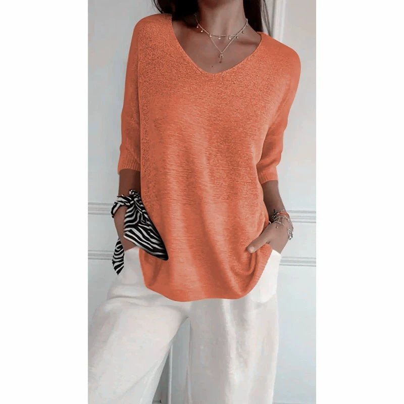 Orange V-Neck Slub Knit Top with 3/4 Sleeves