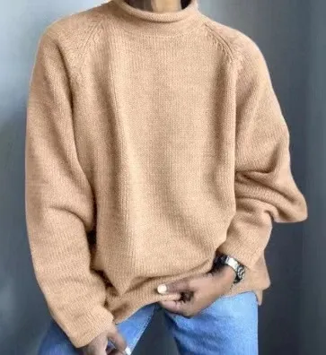 Design Oversized Turtleneck Sweater Beige Knit Sweater - 1