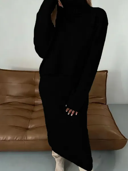 Black Turtleneck Knit Dress with Asymmetrical Hem - 1