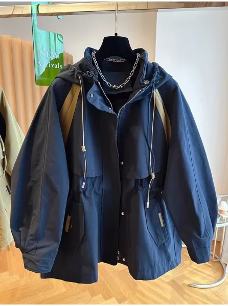 Design Utility Hooded Windbreaker Beige with Navy Panels Outerwear - 14