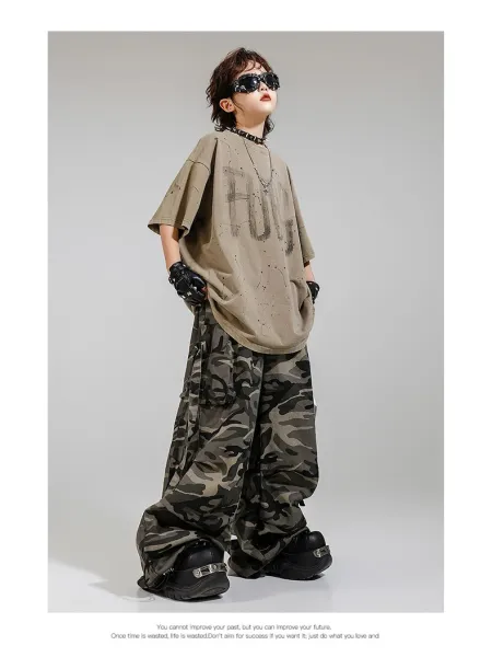 FUBG Distressed Graphic Tee + Camo Cargo Pants Set with Spiked Choker and Bandana Keychain - 10