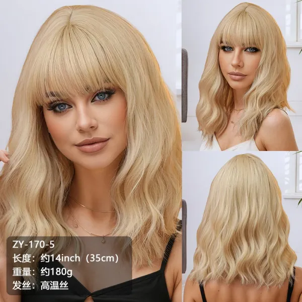 ZY-170-5 Honey Blonde Wavy Bob Wig with Bangs - 1