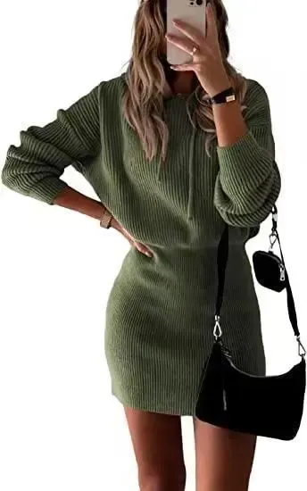 Olive Green Ribbed Knit Hooded Mini Dress - 1