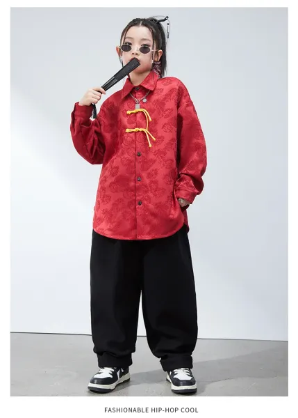 Chinese-Inspired Velvet Shirt + Satin Pants + Chain Necklace Set Red/Black - 13