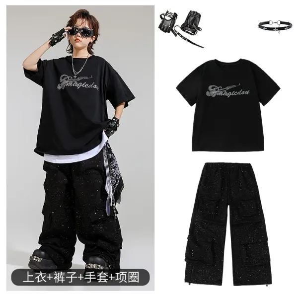 Magicedou Streetwear Set Black Glitter T-Shirt + Cargo Pants + Fingerless Gloves + Choker - 1