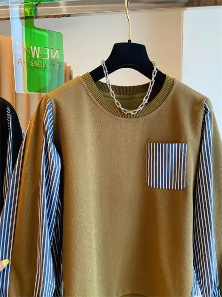 Oversized Layered Knit Top with Striped Sleeve and Pocket in Olive Brown - 5