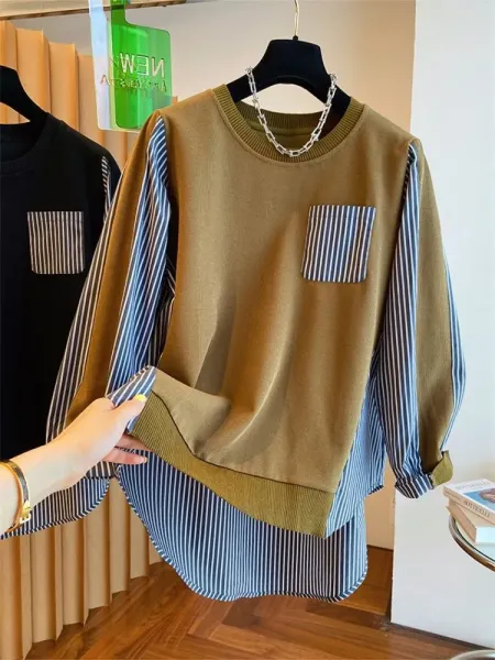Oversized Layered Knit Top with Striped Sleeve and Pocket in Olive Brown - 7