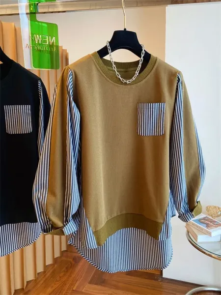Oversized Layered Knit Top with Striped Sleeve and Pocket in Olive Brown - 9