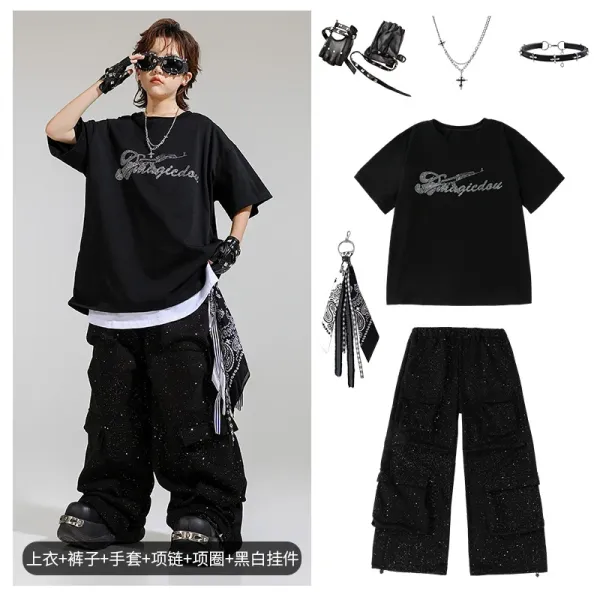 Magicedou Graphic Print Oversized T-Shirt and Glitter Cargo Pants Set Black - 1