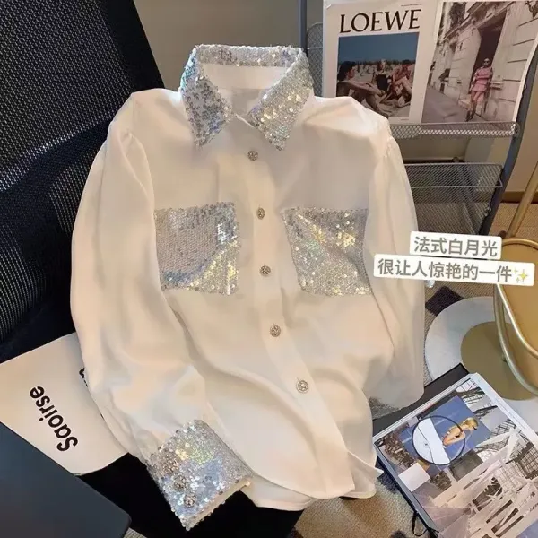 Sequined Embellished White Shirt - 6