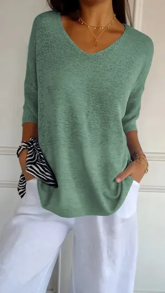 Oversized V-Neck Slub Knit Top in Sage Green Sweater - 1