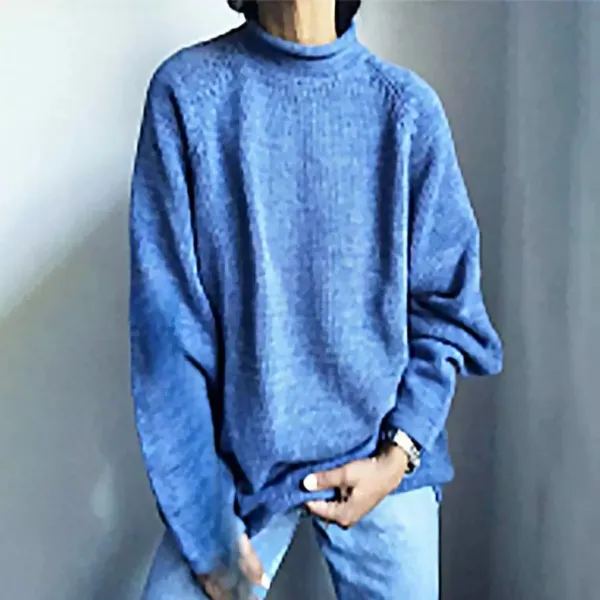Oversized Turtleneck Knit Sweater in Medium Blue - 1