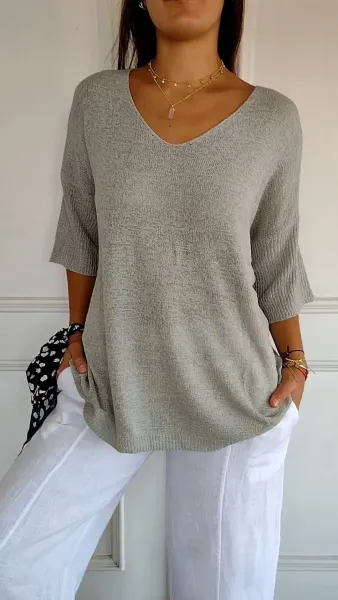 Oversized V-Neck Knit Sweater in Light Gray - 1