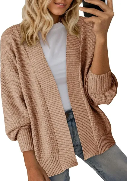 Navy Blue Textured Knit Open-Front Cardigan - 7