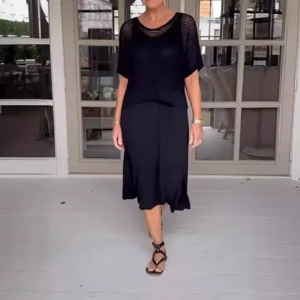 Black Mesh Overlay Knit Dress with Flowing Skirt - 1
