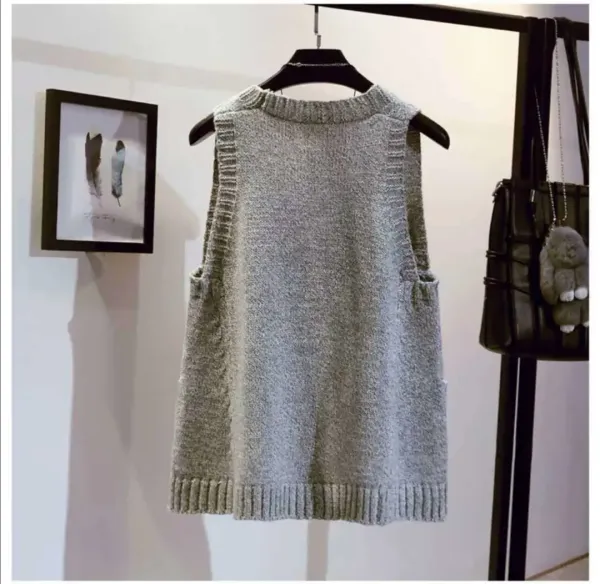 Knit V-Neck Sleeveless Vest Beige Sweater - 4