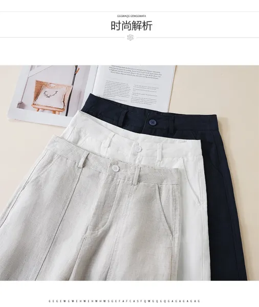 Design Linen Wide-Leg Trousers White Pants - 27