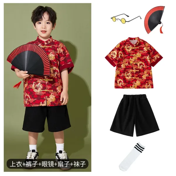 Traditional Chinese Dragon Print Qipao-Style Shirt Set in Red with Black Shorts, Fan, and Sunglasses - 1