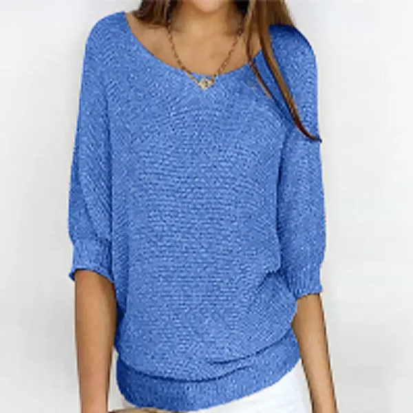Knit V-Neck Drop-Shoulder Sweater Blue - 1