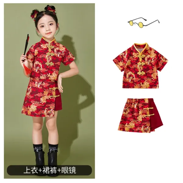 Traditional Chinese Dragon Print Cheongsam Set Red Multicolor Dress - 1