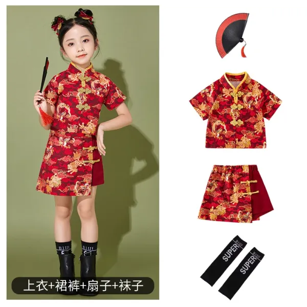 Traditional Chinese Dragon Print Cheongsam Set Red Multicolor Dress - 1