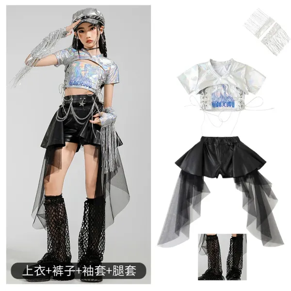 Multicolor Holographic Crop Top + Asymmetrical Mesh Skirt Set with Fishnet Leg Warmers - 1