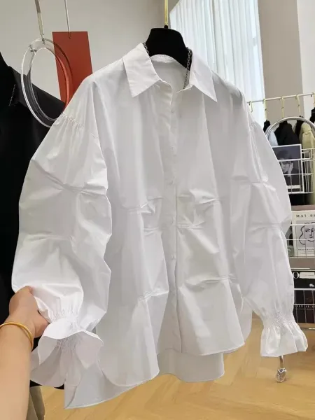 Oversized Puff-Sleeve Shirt White Shirt - 5