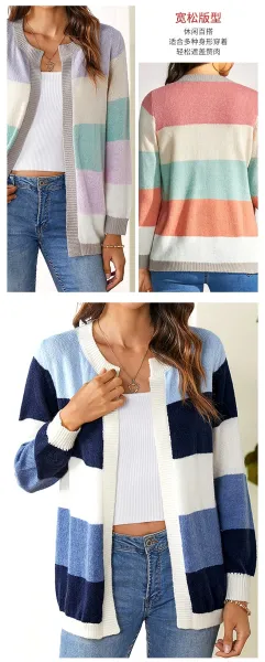 Multicolor Striped Knit Cardigan with Pearl Buttons - 16