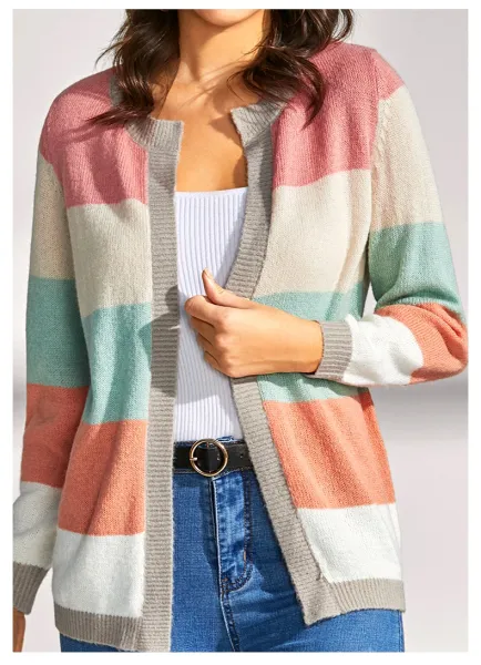 Multicolor Striped Knit Cardigan with Pearl Buttons - 17
