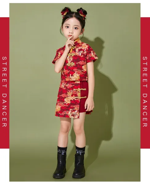 Traditional Chinese Dragon Print Hanfu-Style Set Red + Black Shorts + Folding Fan - 11